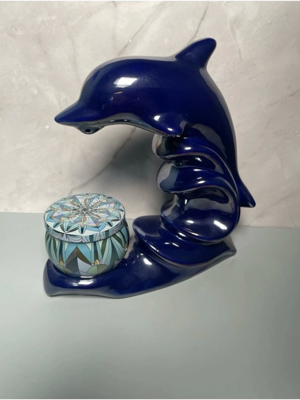 Vintage 90s/00s Cobalt Dolphin Accent Sculpture with Free Matching Candle